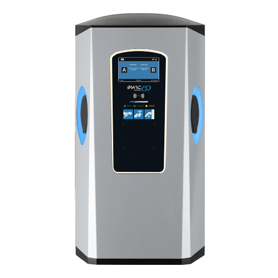 Image of the Sync EV Energy Pro Twin Charger, a wall-mounted dual-output 7.4kW commercial EV charger with touchscreen and RFID access.